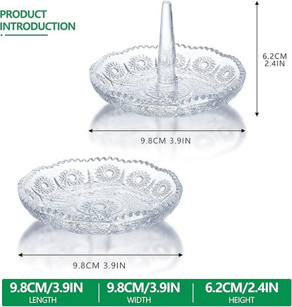 Set of 2 Crystal Ring Holder Dish for Women Clear Glass Jewelry Dish Tray for Rings Earrings Necklace Organizer Elegant Engagement, Anniversary, Christmas Gifts