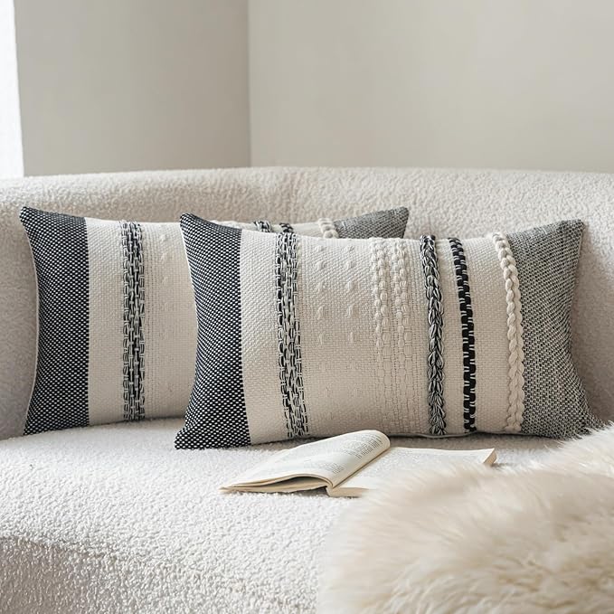 Boho Throw Pillow Covers 18x18 Inch Set of 2, Black Textured Decorative Couch Pillow Cases for Farmhouse Home Decor, Accent Cushion Cover for Sofa, Bed, Living Room, Bedroom
