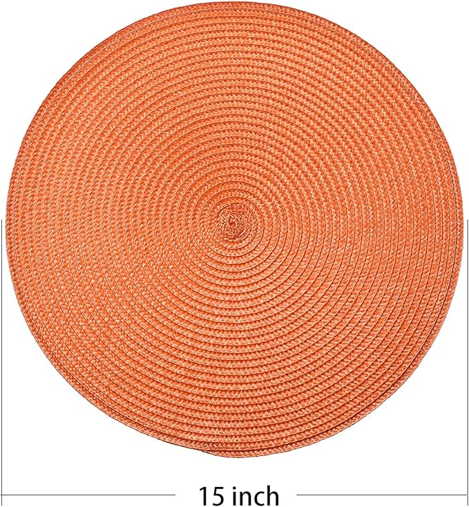 AHHFSMEI Round Braided Placemats 15 Inch Round Table Mats for Dining Tables Natural Woven Heat Resistant Place mats Set of 6 (Orange)