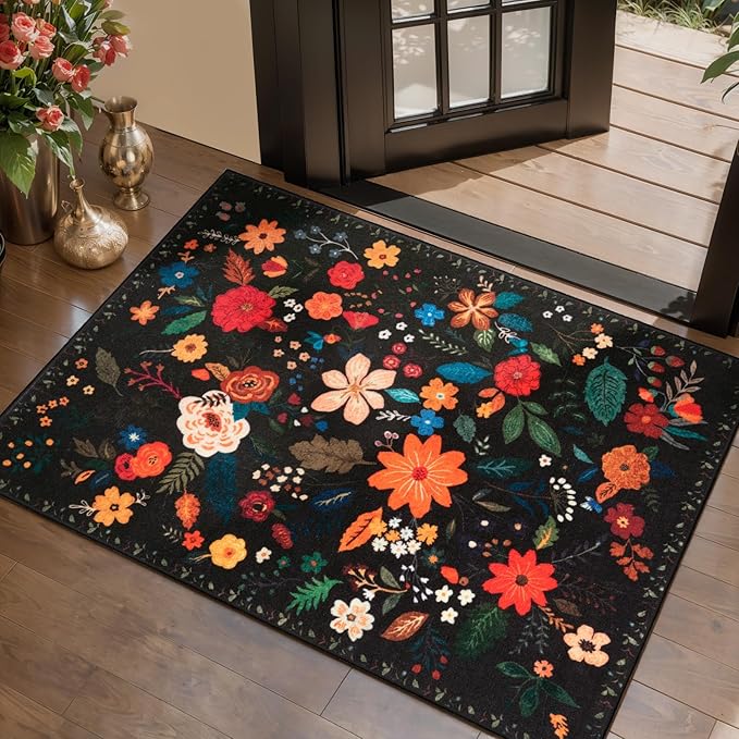 Tangsoo 2x3 Small Area Rug for Entryway, Non Slip Machine Washable Boho Floral Entry Rug, Soft Low Pile Throw Rugs Door Mat Indoor Entrance Floor Carpet for Bedroom Kitchen Bathroom, Kids Room(Black)