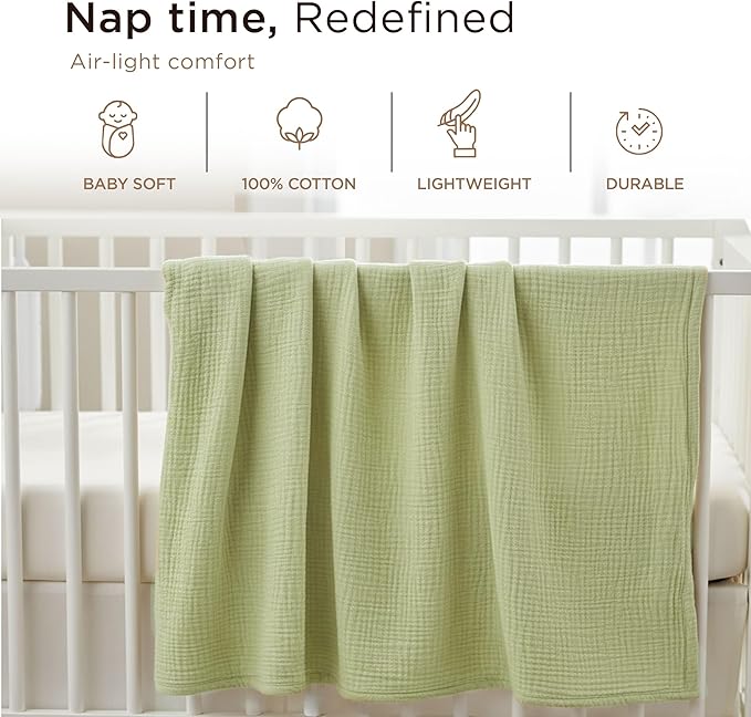 Threadmill Muslin Baby Blanket | 4 Layer Swaddle Blankets for Newborns| Multi-Use Muslin Blankets 41 x 37| Ultra-Soft Breathable Baby Wrap for Boys & Girls| Registry Essential| Sage Green