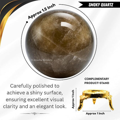 Amazing Gemstone Smoky Quartz Crystal Ball with Stand - 1.5 Inches Crystal Sphere Meditation Balls for Witchcraft and Decorative Balls