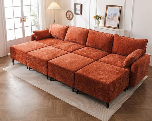 135'' Modular Sectional Sofa with Seats Storage, Oversized Sleeper Sofa Bed,Comfy Couches for Living Room,Cloud Couches with Deep Seat,Movable Ottoman,2 Throw Pillow,Chenille,Orange