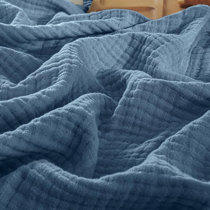 PHF 100% Cotton Muslin Blanket Twin XL Size 66"x90", 4-Layer Lightweight Gauze Throw, Breathable Cloud-Soft Minimalist Blanket for Bed, Couch, Camping & Baby, Denim Blue, Ideal Gift