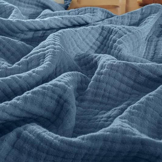 PHF 100% Cotton Muslin Throw XL Blanket Large 50" x 70", 4-Layer Lightweight Gauze Throw, Breathable Cloud-Soft Minimalist Blanket for Bed, Couch, Camping & Baby, Denim Blue, Ideal Gift