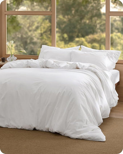 Bedsure Cotton Duvet Cover Queen Size - Luxury Slub Weave 100% Cotton Duvet Cover with a Linen Like Textured, Easy Change Durable Bedding, Bright White, 90" x 90"