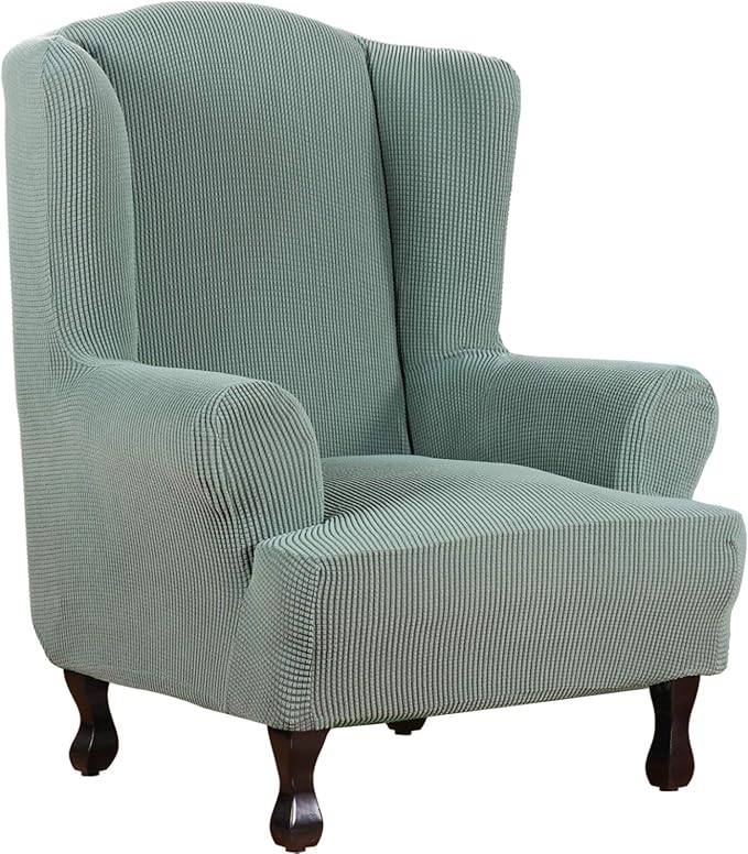 H.VERSAILTEX Wing Chair Slipcover Chair Covers for Wingback Chairs Wingback Chair Covers Slipcovers 1 Piece Stretch Sofa Cover Furniture Protector Soft Spandex Jacquard Checked Pattern, Sage