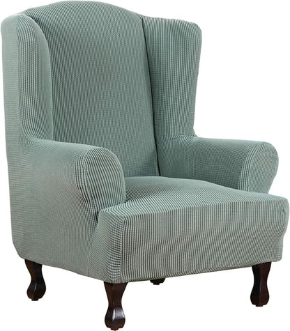 H.VERSAILTEX Wing Chair Slipcover Chair Covers for Wingback Chairs Wingback Chair Covers Slipcovers 1 Piece Stretch Sofa Cover Furniture Protector Soft Spandex Jacquard Checked Pattern, Sage