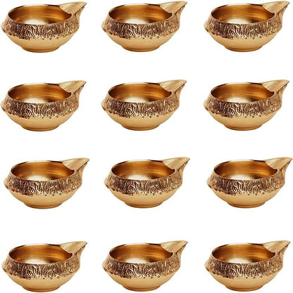 AVADOR Handmade Brass Indian Puja Oil Lamp, Golden Diya Lamp Engraved Design Diya for Diwali Pooja 2.5 Inch (12)
