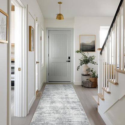 Modern Abstract Neutral 3x8 Runner Rug for Hallway Low Pile Non Slip Washable Rugs Floor Covering Grey Carpet Runners for Kitchen Laundry Room