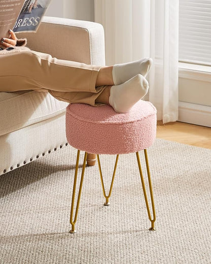 IBUYKE Teddy Velvet Round Footrest Stool Ottoman, Makeup Vanity Stool Side Table, Velvet Dressing Table Seat, Pouf Couch Stool, for Living Room Bedroom, Pink WBD009P