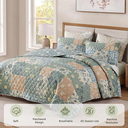 CASAAGUSTO King Size Quilt Set - 3 Pieces Patchwork Green Quilt Bedding Set, Lightweight King Bedspread Coverlet, Reversible Floral Bed Cover for All Seasons (106"x94", 1 Quilt + 2 Pillow Shams)
