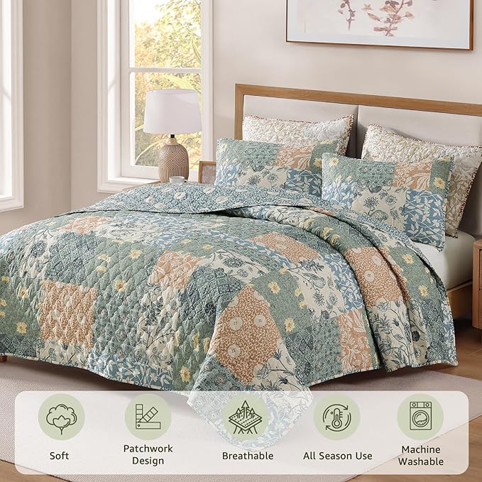 CASAAGUSTO Twin Quilt Set - 2 Pieces Patchwork Green Quilt Bedding Set, Lightweight Twin Bedspread Coverlet, Reversible Floral Bed Cover for All Seasons (66"x92", 1 Quilt + 1 Pillow Sham)