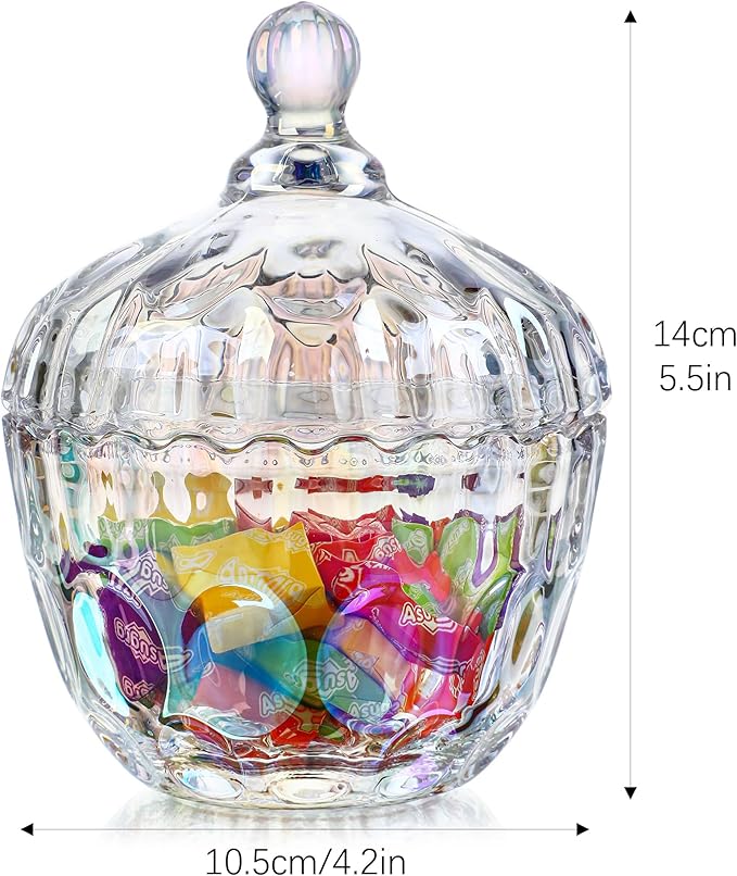 kanpura 11.5 oz Glass Candy Dish with Lid Colorful Candy Jar for Office Desk Decorative Glass Jar for Buffet, Snacks, Coffee Beans 5.5″Tall