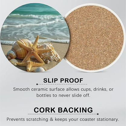 Drink Coasters for Drinks Set of 6,Beach Starfish Shell Absorbent Round Ceramic Stone Mat Coaster, with Cork Base and Metal Holder, Home Bar Decor House Warming Gift