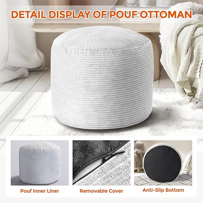 Pouf Ottoman Foot Rest, Comfortable & Soft, Round Footstool Ottoman for Living Room, Bedroom, Office, Room Decoration, Corduroy Foot Stool Pouf with Odorless & Anti-Clump Filling, Small Grey