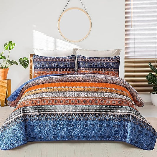 WONGS BEDDING Boho Quilt Set California King, Blue and Orange Bohemian Queen Summer Quilt Bedding Set, Lightweight Microfiber Bed Decor Bedspread for All Season 106"x96"(3 Pieces)