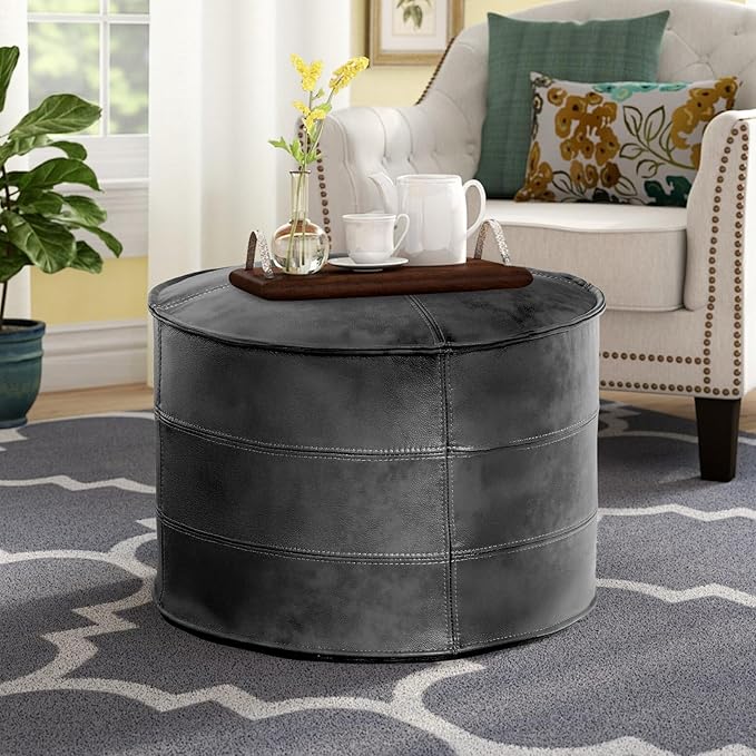 Leather Ottoman,Handmade Stuffed Square Ottoman,Genuine Leather Pouf, Foot Rest Pouf,Comfortable Soft Seating for Living Room & Bedroom (Grey, Round)