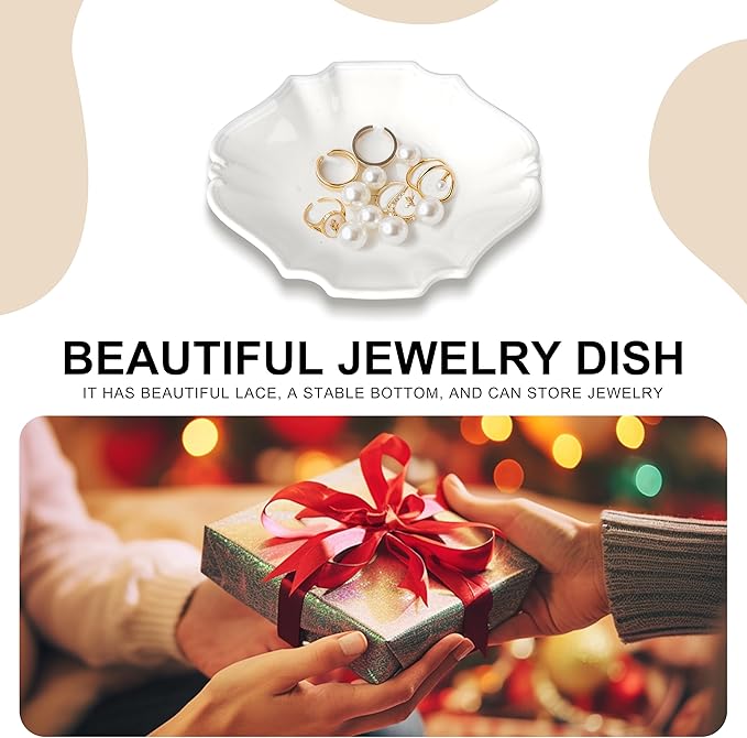 Ceramic Jewelry Dish, Decorative Tray for Rings Earrings Necklaces Bracelet Watch Keys, 4.50" Trinket Tray as Gifts for Women (White Court)