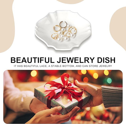 Ceramic Jewelry Dish, Decorative Tray for Rings Earrings Necklaces Bracelet Watch Keys, 4.50" Trinket Tray as Gifts for Women (White Court)