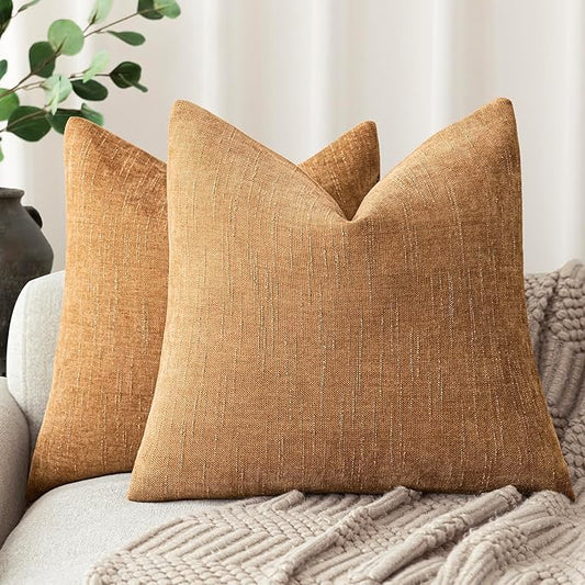 Foindtower Set of 2 Soft Textured Chenille Throw Decorative Pillow Covers Square Accent Solid Cushion Cover Neutral Farmhouse Pillow Case for Couch Sofa Bedroom Living Room 18x18 Inch,Golden Brown