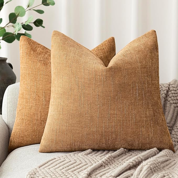 Foindtower Set of 2 Soft Textured Chenille Throw Decorative Pillow Covers Square Accent Solid Cushion Cover Neutral Farmhouse Pillow Case for Couch Sofa Bedroom Living Room 22x22 Inch,Golden Brown