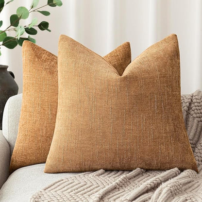 Foindtower Set of 2 Soft Textured Chenille Throw Decorative Pillow Covers Square Accent Solid Cushion Cover Neutral Farmhouse Pillow Case for Couch Sofa Bedroom Living Room 22x22 Inch,Golden Brown