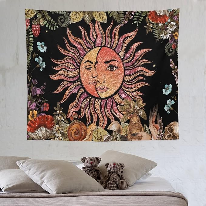Vintage Sun Tapestry,Boho Hippie Mushroom Plant Botanical Sun and Moon Art Tapestries Wall Hanging for Dorm Living Room Bedroom Decor(50"x60")