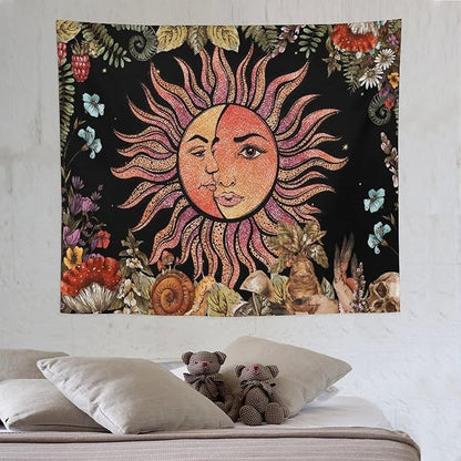 Vintage Sun Tapestry,Boho Hippie Mushroom Plant Botanical Sun and Moon Art Tapestries Wall Hanging for Dorm Living Room Bedroom Decor(50"x60")