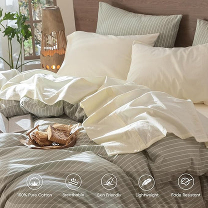 MooMee Bedding Sheet Set 100% Washed Cotton Linen Like Textured Breathable Durable Soft Comfy (Solid Cream White, Queen)