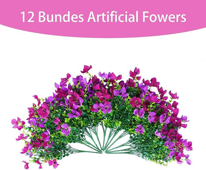 Artificial Faux Plants Flowers Outdoor Spring Summer Decoration, 12 Bundles Fake Silk Colorful Daisy Eucalyptus Realistic UV Resistant for Outside Home Planter Porch Yard Decor (Purple Red Lotus)