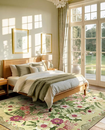 Floral Area Rug Living Room - 8x10 Washable Rugs Low Pile Non-Slip Soft Bedroom Rugs Under Bed Stain Resistant Accent Indoor Vintage Carpet for Dining Room Nursery Home Office Decor, Brown