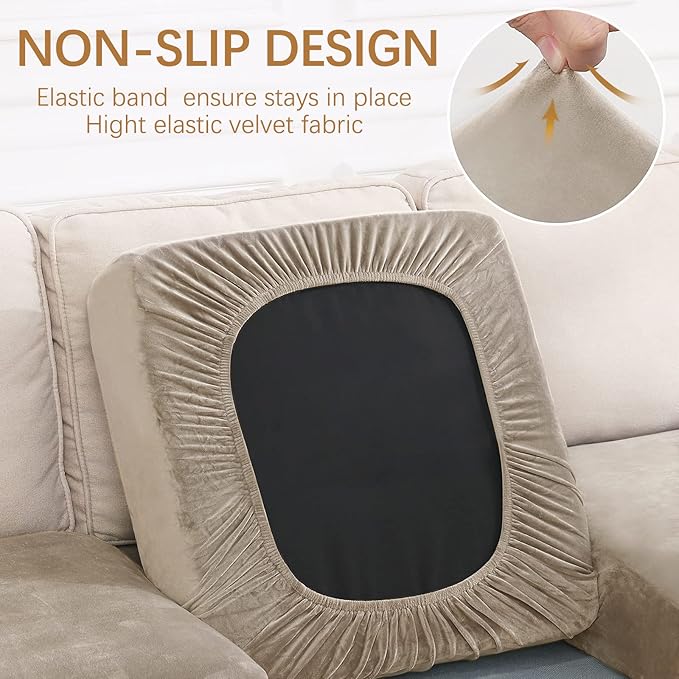 hyha Velvet Couch Cushion Covers, Stretch Chaise Lounge Sectional Couch Seat Covers L Shape for Sectional Sofa, Soft Sofa Cushion Slipcover Washable with Elastic Bottom(Chaise, Taupe)