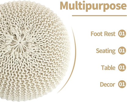 HOMBYS Unstuffed Ottoman Pouf Cover, 100% Cotton Handmade Knitted Ottoman Pouf Cover Round Foot Stool, Floor Bean Bag Chair, Foot Rest with Storage for Living Room Bedroom, Beige(Cover ONLY NO Filler)