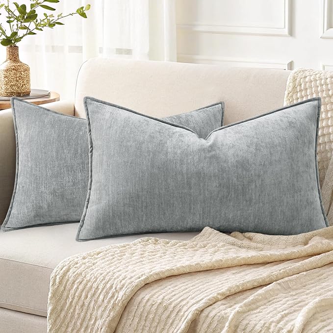 decorUhome Spring Couch Throw Pillow Covers 12x20 Set of 2, Decorative Soft Velvet Neutral Chenille Lumbar Pillow Covers with Elegant Design for Sofa Bed Living Room Home Decor, Ultimate Gray