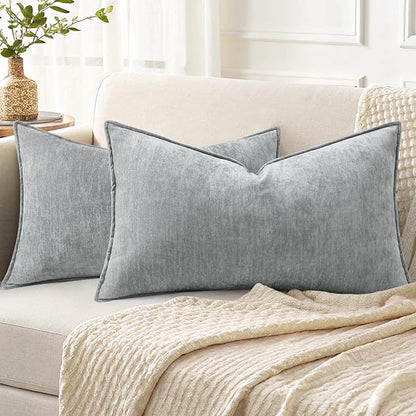 decorUhome Spring Couch Throw Pillow Covers 12x20 Set of 2, Decorative Soft Velvet Neutral Chenille Lumbar Pillow Covers with Elegant Design for Sofa Bed Living Room Home Decor, Ultimate Gray