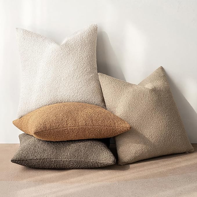 MIULEE Pack of 4 Decorative Textured Boucle Throw Pillow Covers 22x22 Inch Neutral Brown Accent Euro Sham Pillow Cases Couch Cushion Covers Modern Farmhouse Boho Chair Sofa Bed Room Home Decor