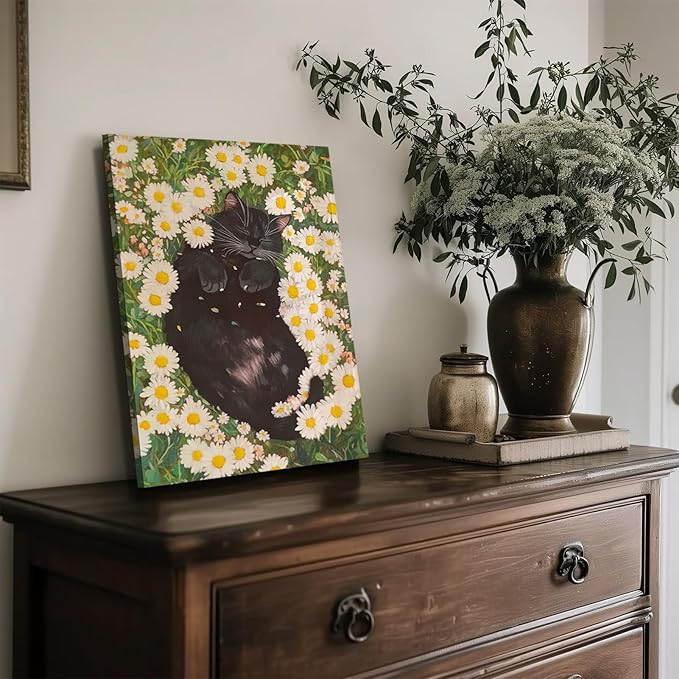 White Daisies and Fat Black Cat Canvas Wall Art Wildflowers Black Cat Poster Print Wall Decor Painting Funny Cat Abstract Farmhouse Aesthetic artwork for Bedroom Bathroom Home Decoration 12x16in