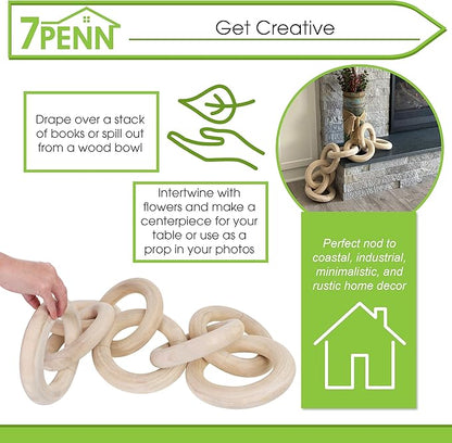 7Penn Wood Chain Link Decor - Large Decorative Chain Coffee Table Decor Pine Wood 8 Link Chain for Shelves