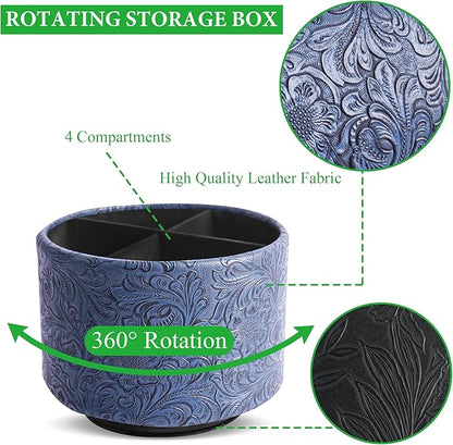 lizimandu Round Leather Art Supply Organizer,Remote Control Holder,360 Degree Spinning,Multi-Functional Pencil Holder,4 Compartments Desktop Stationary Organizer(1-Carved Dark Blue)