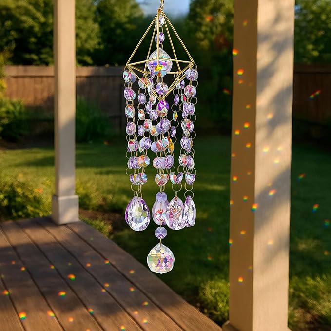 HDCRYSTALGIFTS 21.5inch Crystal Prisms Suncatcher for Window Hanging, Rainbow Maker Crystal Sun Catcher Indoor Window Glass Wind Chimes Home Garden Decor, Purple