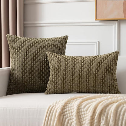 Kevin Textile 12x20 Inch Pillow Cover 1 Pack Boho Decorative Soft Striped Corduroy Lumbar Farmhouse Color Accent Rectangle Cushion Case for Living Room Couch Sofa Bed, Olive Green