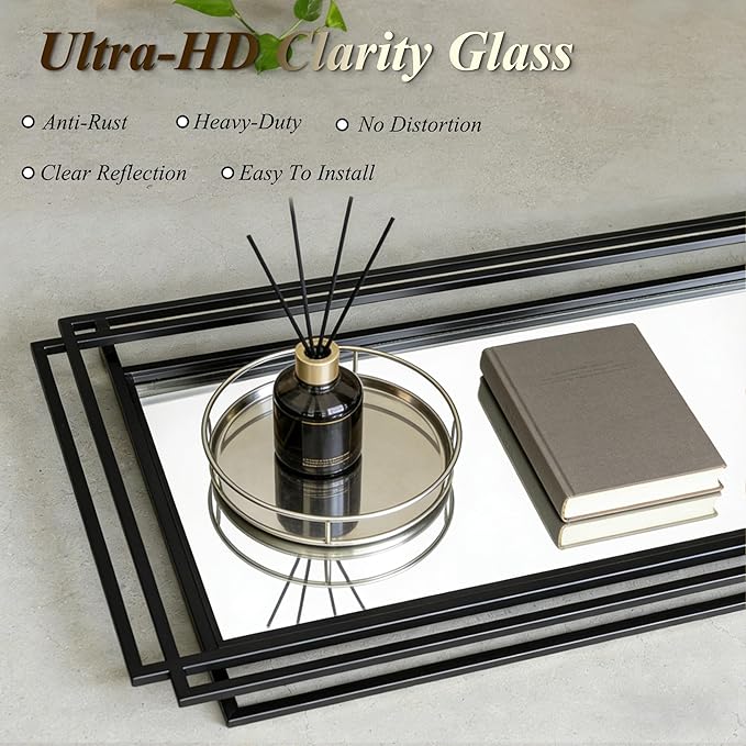 Rectangle Vanity Mirror, 24"x18" Geometric Art Deco Mirror with Metal Frame, Modern Elegant Wall Mirrors for Living Room Bathroom Bedroom Entryway, Hangs Vertically or Horizontally