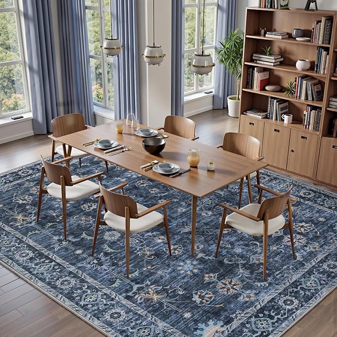 Tangsoo 6x9 Large Area Rug for Living Room, Non Slip Machine Washable Rug for Bedroom, Boho Distressed Vintage Blue Floral Rugs, Soft Low Pile Floor Carpet for Dining Room Office Kitchen Farmhouse