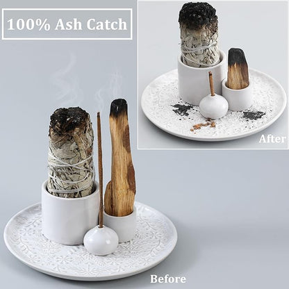 5 in 1 Incense Holder Burner, 5.9" Ceramic Holder for Burning Palo Santo Sage Candle and Incense Sticks Cones, Ash Catcher Tray for Meditation Room Home Décor (White)