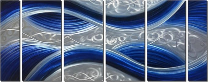 Handcrafted Abstract Metal Wall Art with Soft Color, Large Scale Decor in Huge Blue Line Design, 3D Artwork for Indoor Outdoor Wall Decorations, 6-Panels Metal Art Measure 24"x 65"