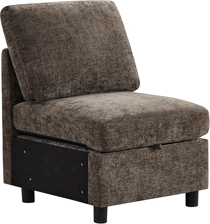 Middle Seat Module for Modular Sectional Couch Sofa, Living Room Accent Armless Sofa Chair with Storage & Pillow, Modern Side Sectional Middle Unit, Chenille Brown
