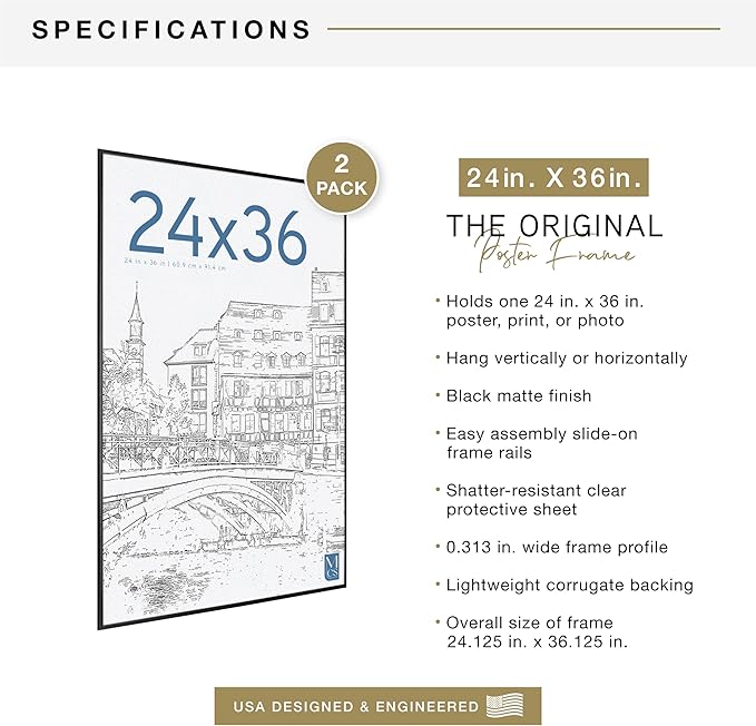 MCS Original Poster Frame 24x36 Black Lightweight Vertical & Horizontal Wall Hanging Large Picture Frame for Posters, Art Prints & Gallery Wall (2-Pack)
