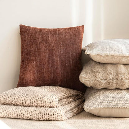 Foindtower Pack of 2 Soft Textured Chenille Throw Decorative Pillow Covers Square Accent Solid Cushion Cover Cozy Neutral Farmhouse Pillow Case for Couch Sofa Bedroom Living Room 24x24 Inch,Red Taupe