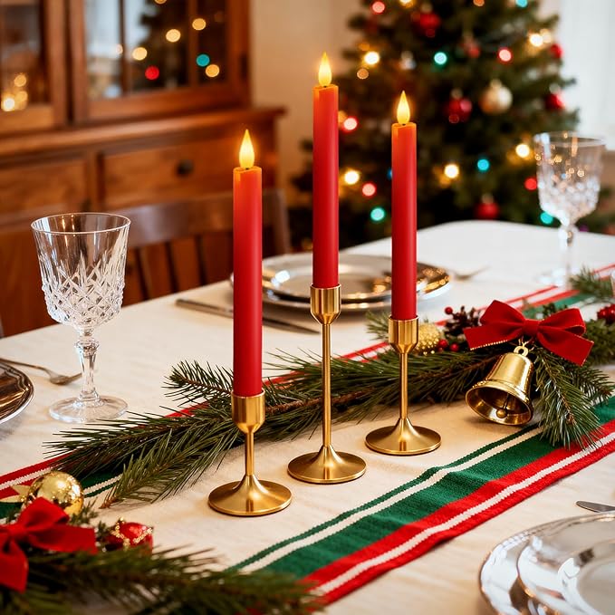 Homemory 2 Pcs Real Wax Made Red Flameless Taper Candles with Remote and Timer, 9.6" Battery Operated Candle Stick Flickering, Led Taper Candles with Lifelike Flame for Xmas Home Decor